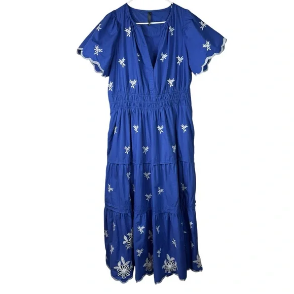 Anthropologie Somerset Embroidered Maxi Tiered Dress Blue White 1X Eyelet - Picture 4 of 15